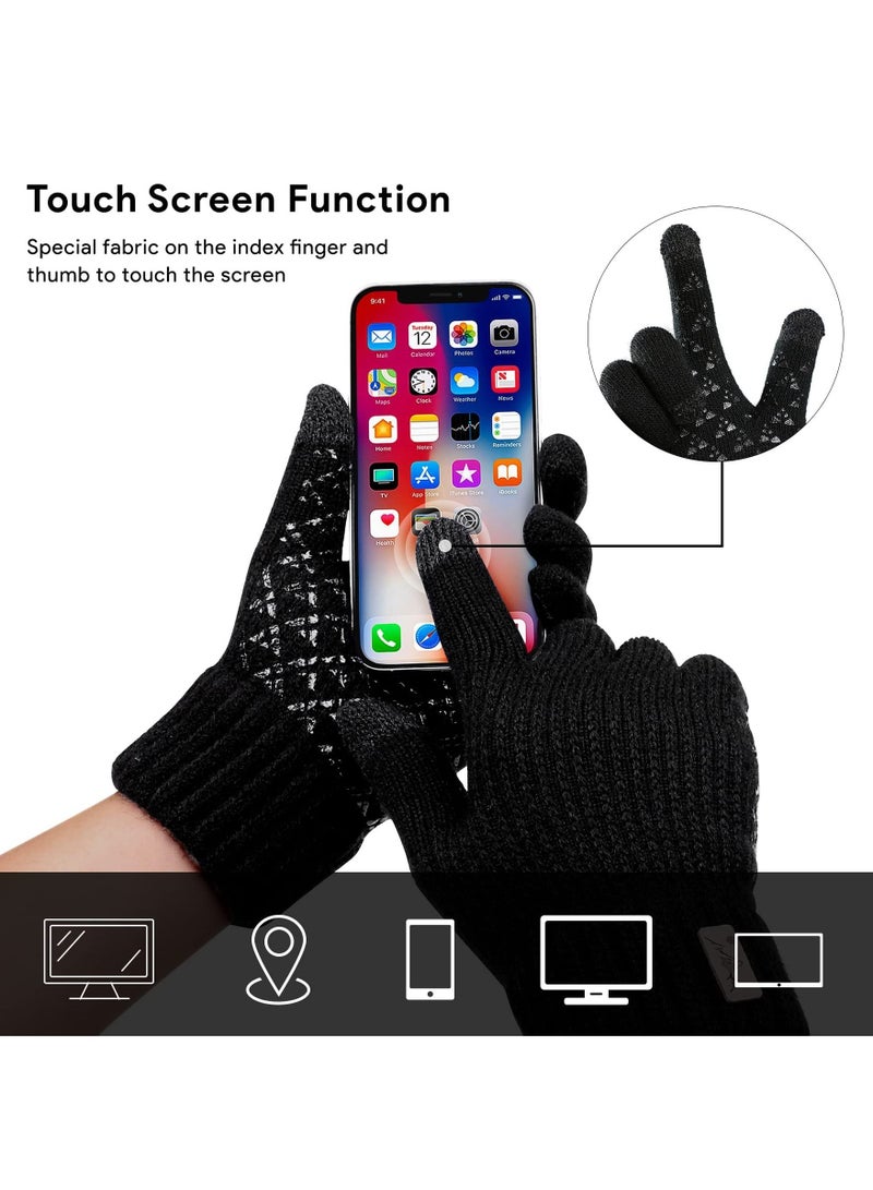 2 Pairs of Winter Knit Gloves, Warm Full Fingers Men Women with Upgraded Touch Screen - Anti-Slip Glove Fleece Lined for Winter Outdoor sports for Winter Outdoor sports, 21x11CM/Black