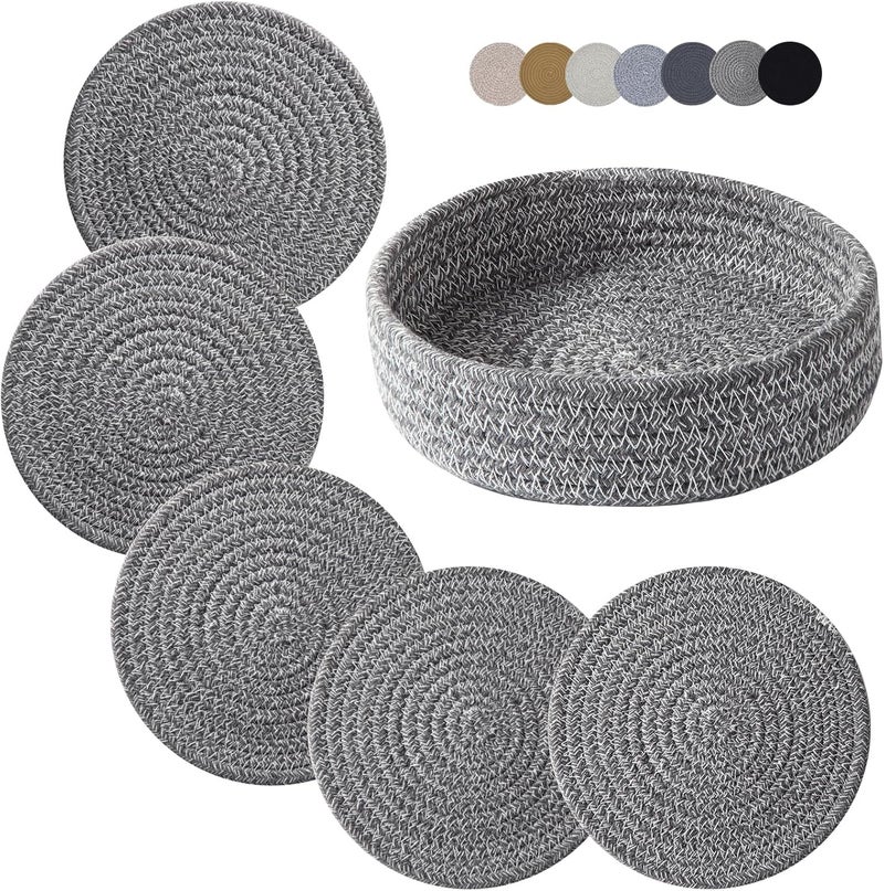 Coga Trivets for Hot Dishes Trivets for Hot Pots and Pans Hot Pads for Countertops Coasters 4 Pcs and Storage Basket 1 Pack Pot Holders for Kitchen Cotton Hot Mats Cooking Pad Protect Table D Grey - Image 1
