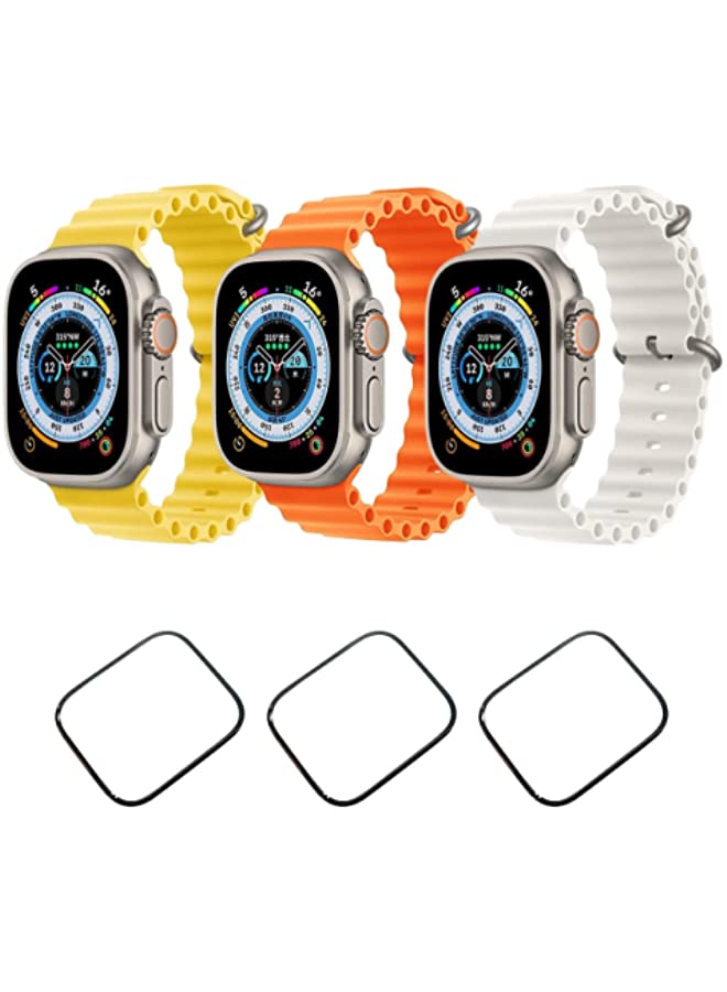 IAF Silicone Ocean Band Strap for Apple Watch Ultra 8 49mm Yellow,Orange and White Set of 3 with 3 * 49mm Watch glass