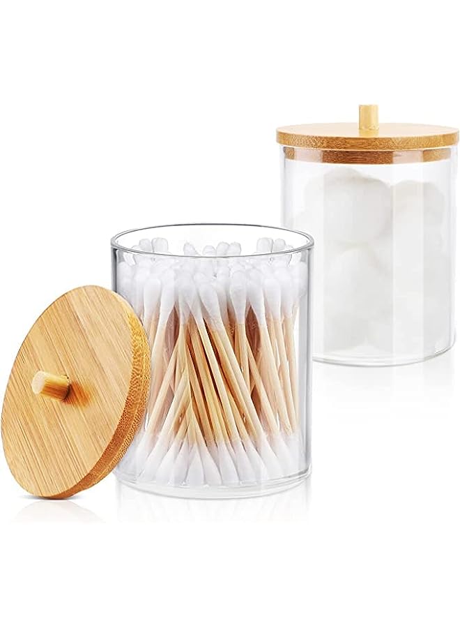 Raxoom Acrylic Qtip Holder,Ball Pad Round Swab Holder, Dispenser Jars with Bamboo Lids, Cotton for Bathroom Accessories Storage Organizer - Image 1