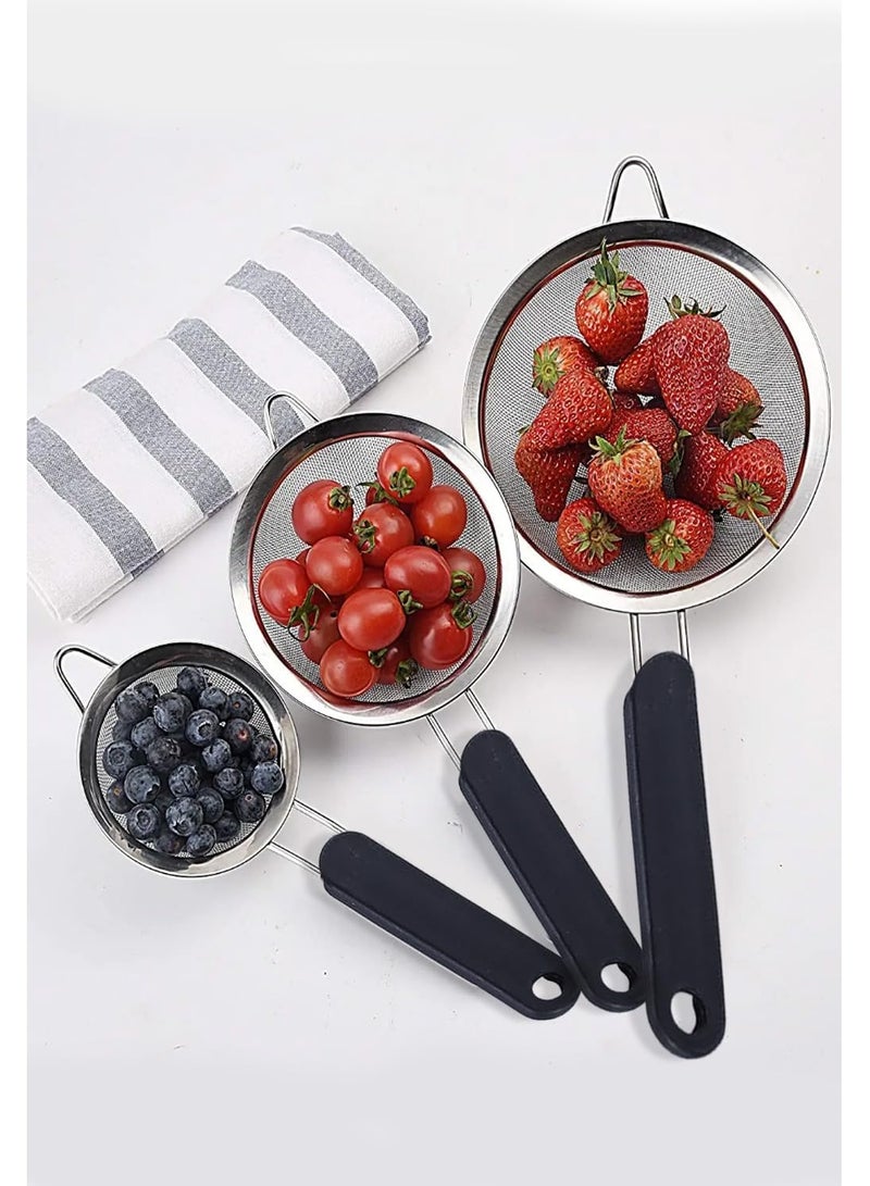مجموعة مصافي شبكية دقيقة من الفولاذ المقاوم للصدأ، مناخل صغيرة متوسطة كبيرة الحجم بمقبض معزول، مناخل مطبخ متينة مكونة من 3 قطع للدقيق والشاي والعصير والمزيد (3 قطع 3 مقاسات مع غطاء بلاستيكي) - Image 4