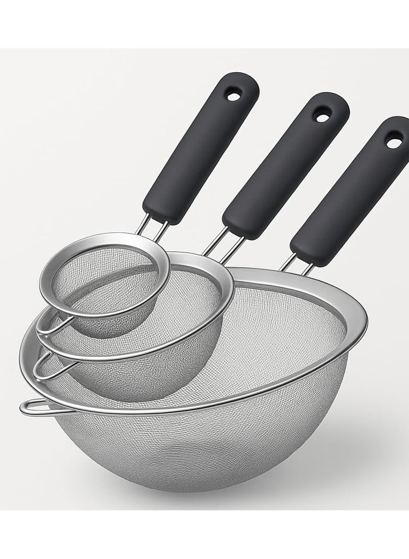 مجموعة مصافي شبكية دقيقة من الفولاذ المقاوم للصدأ، مناخل صغيرة متوسطة كبيرة الحجم بمقبض معزول، مناخل مطبخ متينة مكونة من 3 قطع للدقيق والشاي والعصير والمزيد (3 قطع 3 مقاسات مع غطاء بلاستيكي) - Image 1