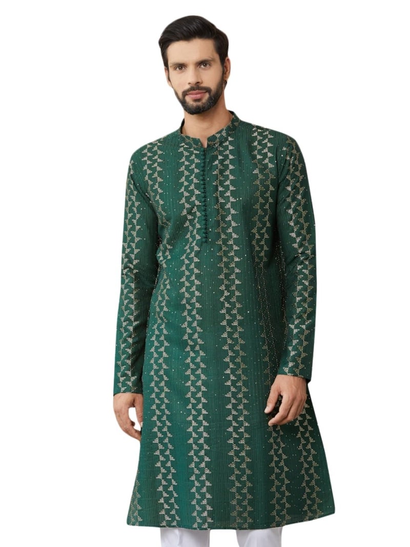 See Designs Men's Long Sleeve Mandarin Collar Side Slit Green Embroidered Thread Work Sequinned Chanderi Silk Straight Kurta - SDKT2515M - Image 1