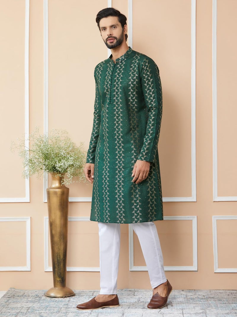 See Designs Men's Long Sleeve Mandarin Collar Side Slit Green Embroidered Thread Work Sequinned Chanderi Silk Straight Kurta - SDKT2515M - Image 2