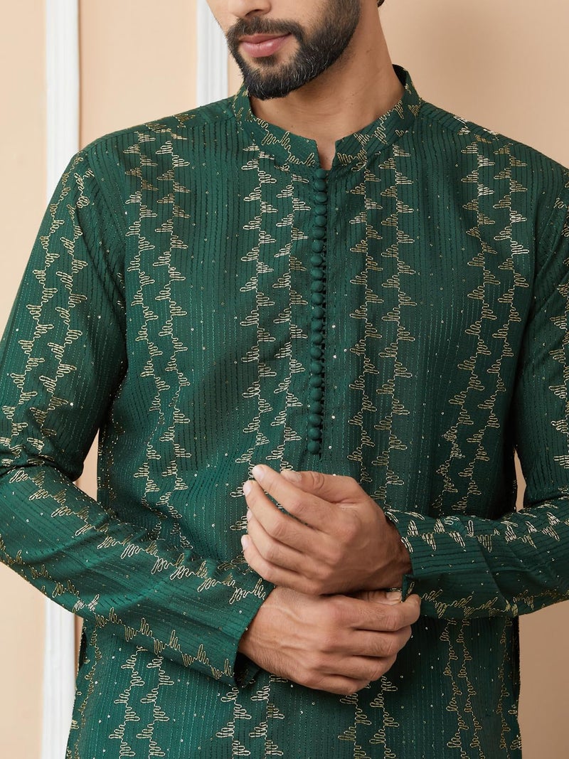 See Designs Men's Long Sleeve Mandarin Collar Side Slit Green Embroidered Thread Work Sequinned Chanderi Silk Straight Kurta - SDKT2515M - Image 4