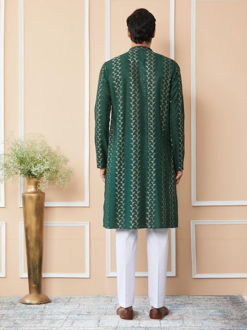 See Designs Men's Long Sleeve Mandarin Collar Side Slit Green Embroidered Thread Work Sequinned Chanderi Silk Straight Kurta - SDKT2515M - Image 3