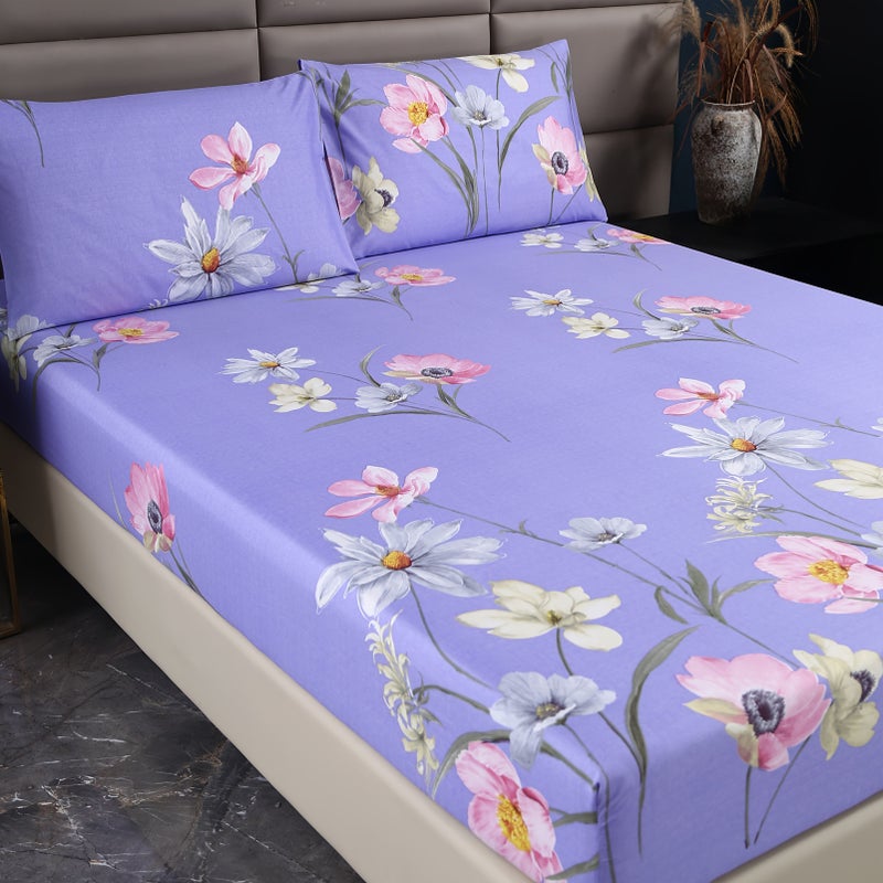 Orchid Purple Floral Cluster Print Bedding Set Fitted Sheet And Two Pillowcases Machine Washable All Season - Image 2