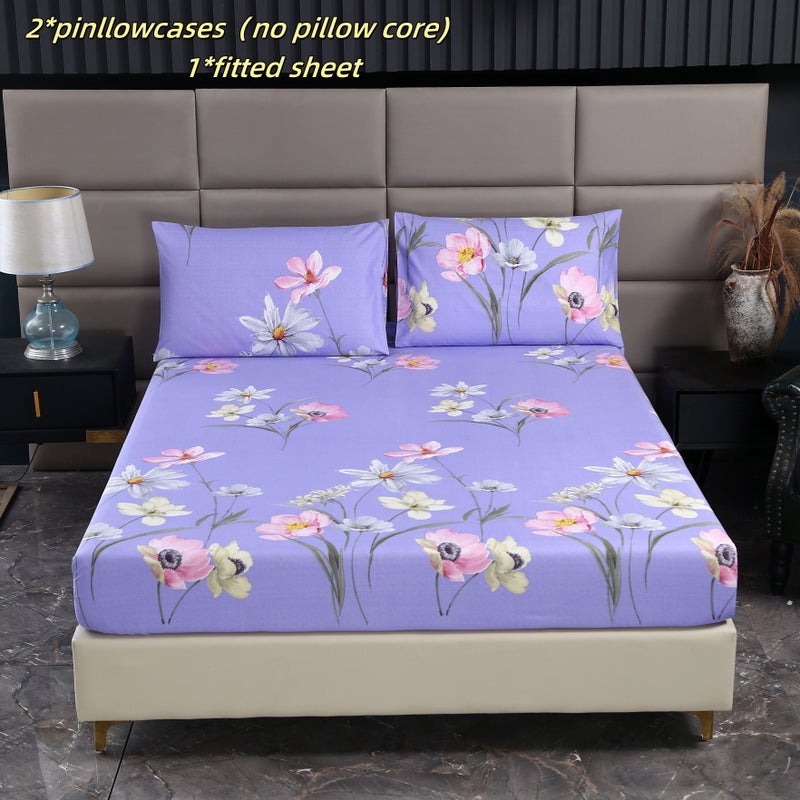 Orchid Purple Floral Cluster Print Bedding Set Fitted Sheet And Two Pillowcases Machine Washable All Season - Image 1