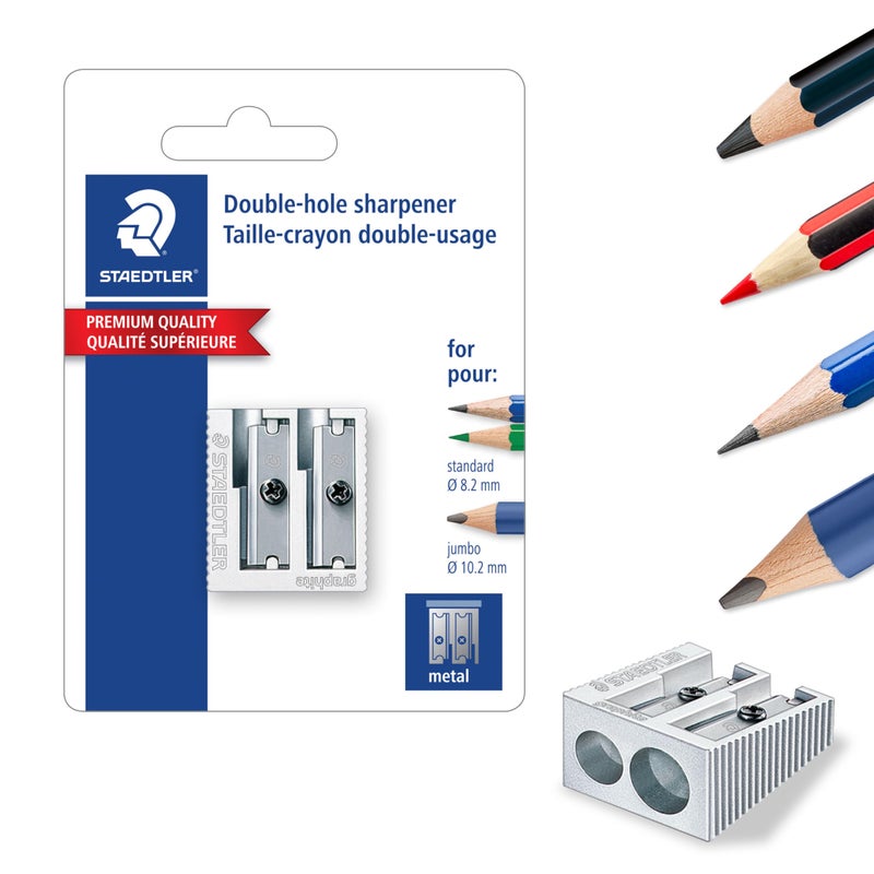 STAEDTLER Metal Double-Hole Pencil Sharpener - Precision 23Â° & 30Â° Angles for Standard & Colored Pencils - 3-Point Blade Design for Sharp Lines - Image 1