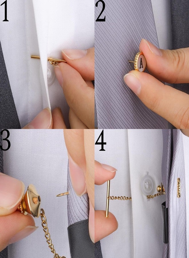 TAIGRAMA Tie Pins for Men Gold, TAIGRAMA Tie Tacks with Chain Initial Lapel Pin Mother of Pearl Brooch for Suits Necktie Bow Tie Hat - Image 4