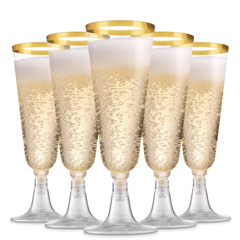 Munfix 100 Pack Gold Plastic Champagne Flutes 5 Oz Clear Plastic Toasting Glasses Fancy Disposable Wedding Party Cocktail Cups with Gold Rim