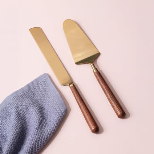 nestroots Golden Finish Stainless Steel Cake Server Set of 2 | Knife & Server (9-Inch Each) with Wooden Handle | Ideal for Cake Cutting, Dessert Serving & Parties | Elegant & Durable Design - Image 1