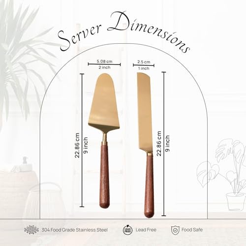 nestroots Golden Finish Stainless Steel Cake Server Set of 2 | Knife & Server (9-Inch Each) with Wooden Handle | Ideal for Cake Cutting, Dessert Serving & Parties | Elegant & Durable Design - Image 2