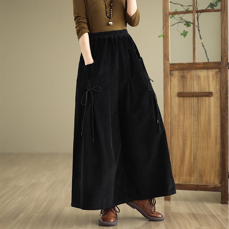 Autumn 2025 New Mid-length Retro Corduroy Pocket Lace-up Skirt Womens High Waist Slimming A- line Skirt Black