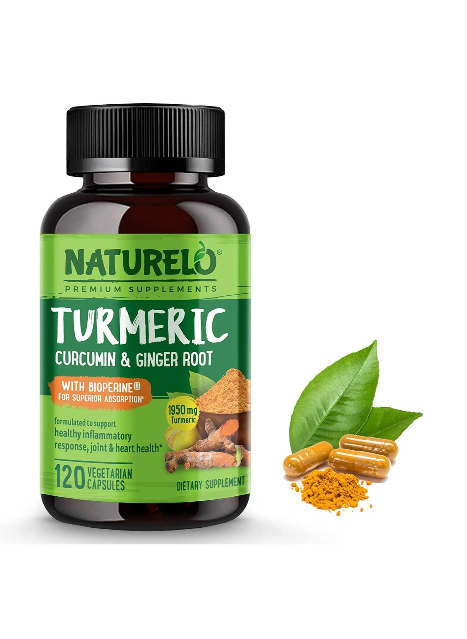 Turmeric Curcumin And Ginger Root With Bioperine For Superior Absorption Formulated to Support Healthy Inflammatory Response Joint & Heart Health-1950 mg Turmeric - 120 Vegetarian Capsules 