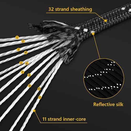 Aystkniet 750Ib Reflective Paracord Rope,100', 4mm 11 Strand Parachute Spool Cord with Collecting Bag, para Cord Lanyard for Hammock, Camping, Hiking - Image 4