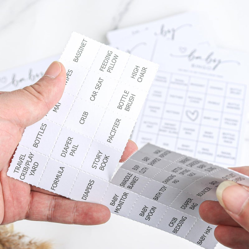 All-Ewired-Up All Ewired Up Baby Bingo Game (50 Unique Cards) Pre-Filled Fun Baby Shower Game Activity, Preforated Calling Cards, Gender Neutral Boy or Girl, Minimalist - Image 2