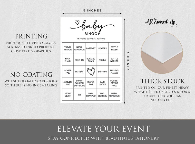 All-Ewired-Up All Ewired Up Baby Bingo Game (50 Unique Cards) Pre-Filled Fun Baby Shower Game Activity, Preforated Calling Cards, Gender Neutral Boy or Girl, Minimalist - Image 4