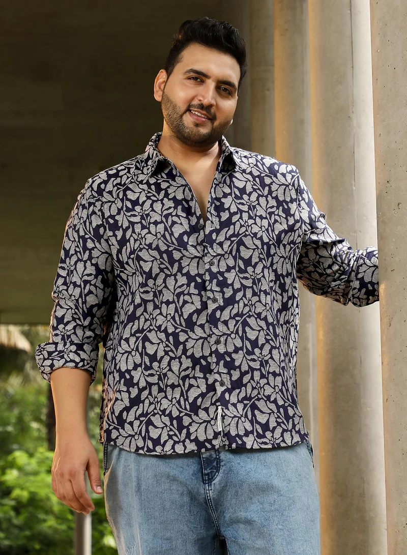 Instafab Plus Instafab Plus Men's Black & Grey Botanic-Cluster Jacquard Shirt | Spread Collar , Long Cuffed Sleeves , Button Closure , Curved Hemline | Botanical Jacquard Cotton-Blend For Street & Casual Wear