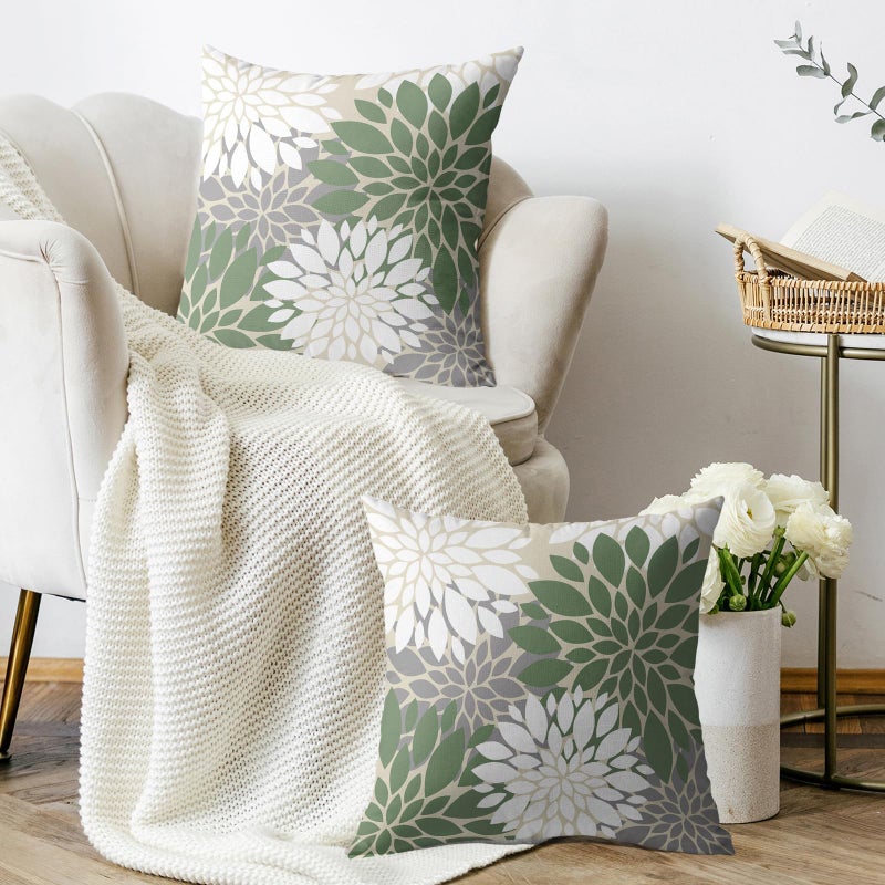 Smozenith Sage Green White Grey Gray Pillow Covers 20X20 Inch Set of 2  Spring Modern Geometry Dahlia Floral Print Decorative Throw Pillow Covers Outdoor Farmhouse Cushion Case for Couch Sofa Bed Decor  - Image 3