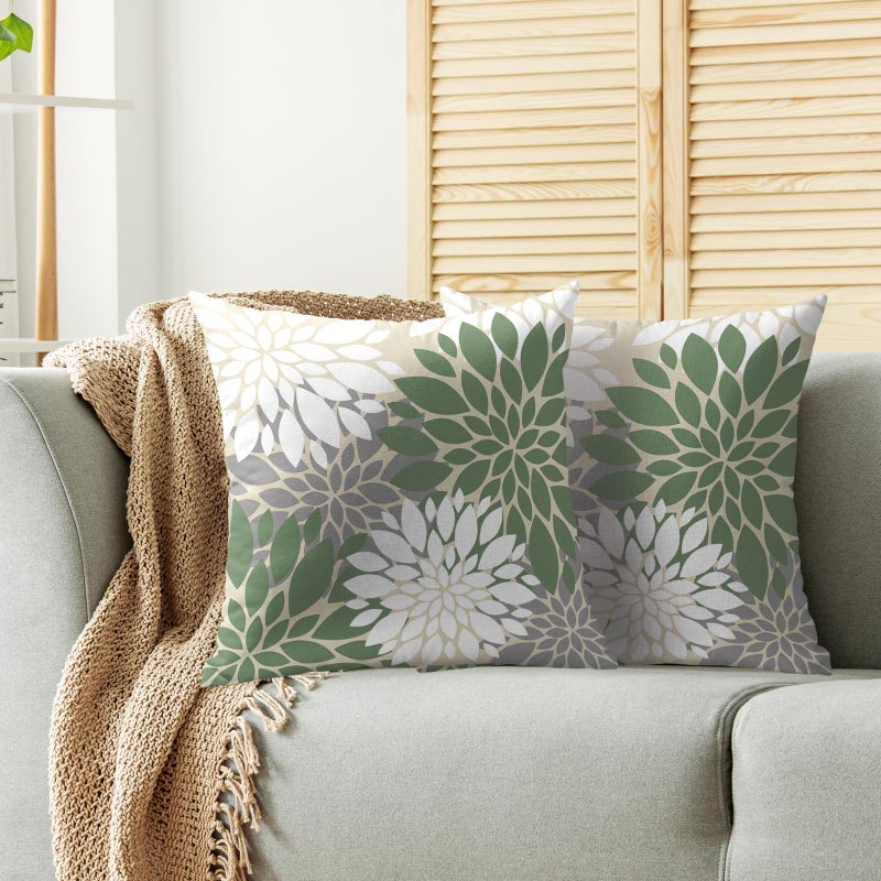 Smozenith Sage Green White Grey Gray Pillow Covers 20X20 Inch Set of 2  Spring Modern Geometry Dahlia Floral Print Decorative Throw Pillow Covers Outdoor Farmhouse Cushion Case for Couch Sofa Bed Decor  - Image 2