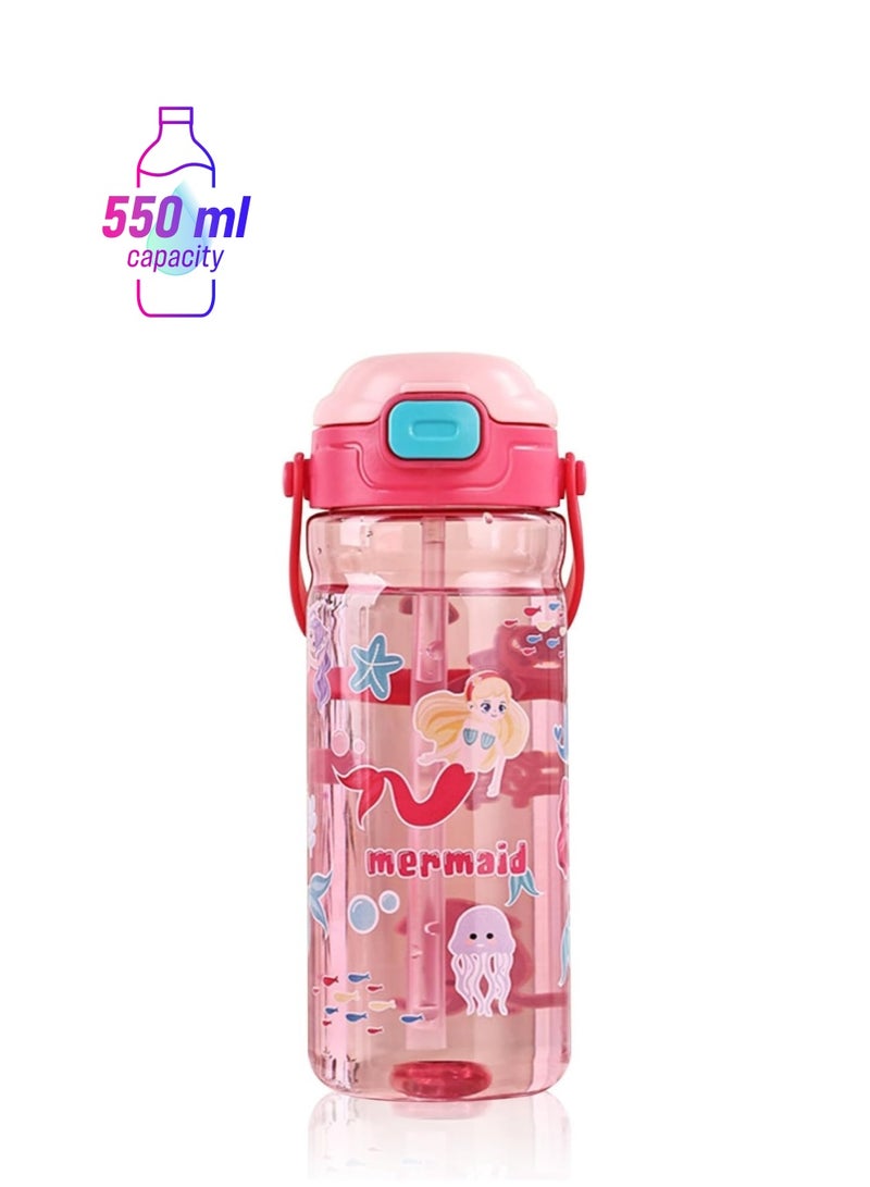 UKR Kids 550ml Pink Mermaid Water Bottle - Leakproof 18oz Button Straw Drinking Bottle for School, Toddlers & Children, BPA-Free & Refillable - Image 1