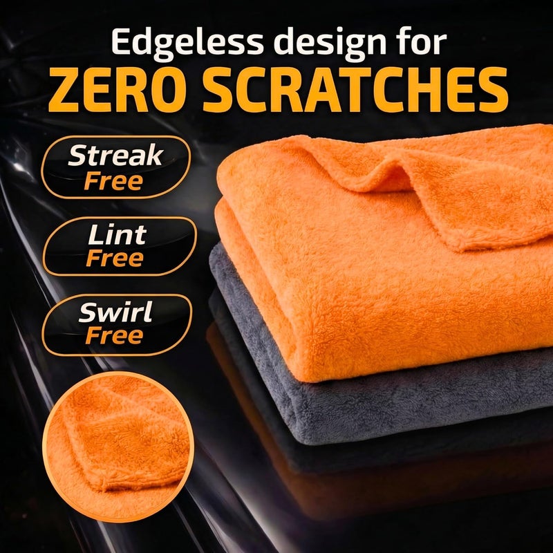 Towelogy® 520gsm Edgeless Microfibre Car Cloths - Quick Dry, Streak Free & Lint Free (Grey/Orange, Pack of 2) - Image 3