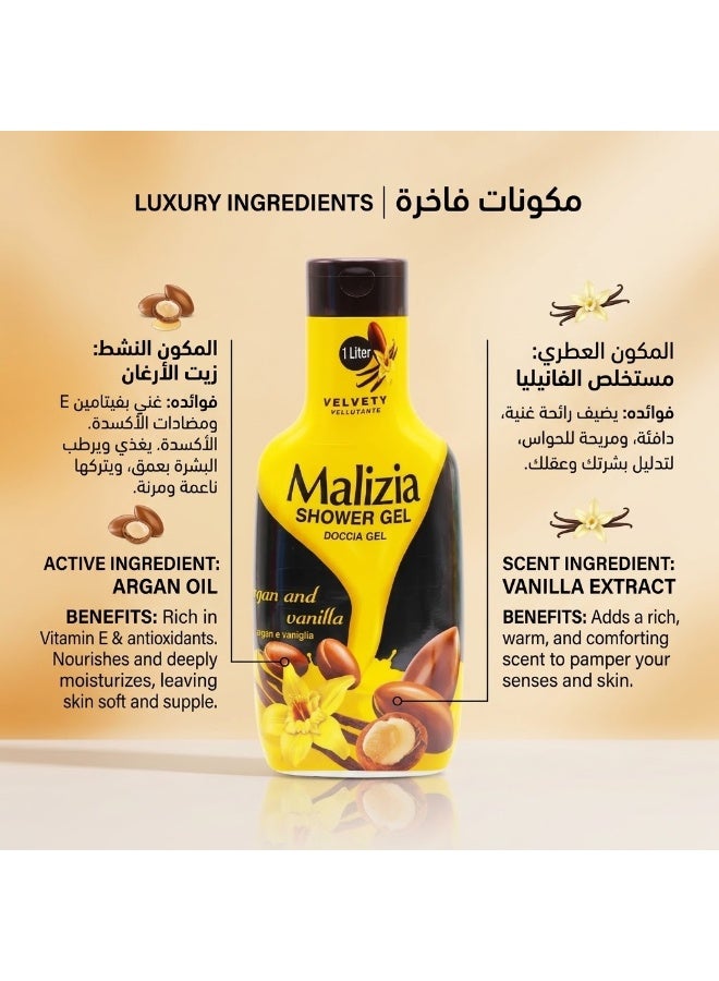 Malizia Shower Gel, Vanilla and Argan, 1 Litre - Image 2