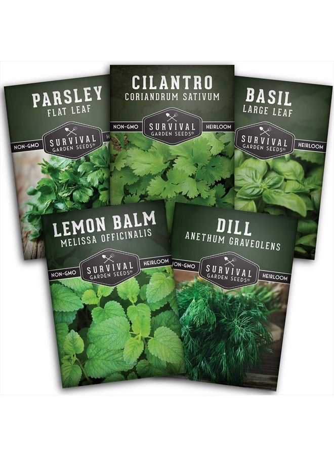 SURVIVAL GARDEN SEEDS Survival Garden Seeds Herb Collection Seed Vault - Parsley, Cilantro, Basil, Lemon Balm, Dill - Non-GMO Heirloom Survival Garden Seeds for Planting - Grow Herbs Indoors Year Round  - Image 1