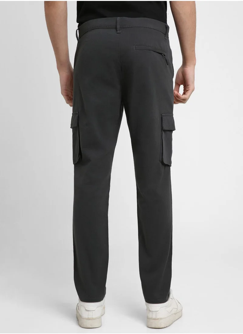 دينيس لينغو Charcoal Grey Slim Fit Solid Trouser for Men - Cotton Blend, Full Length, Button & Zip, Mid Rise, Casual