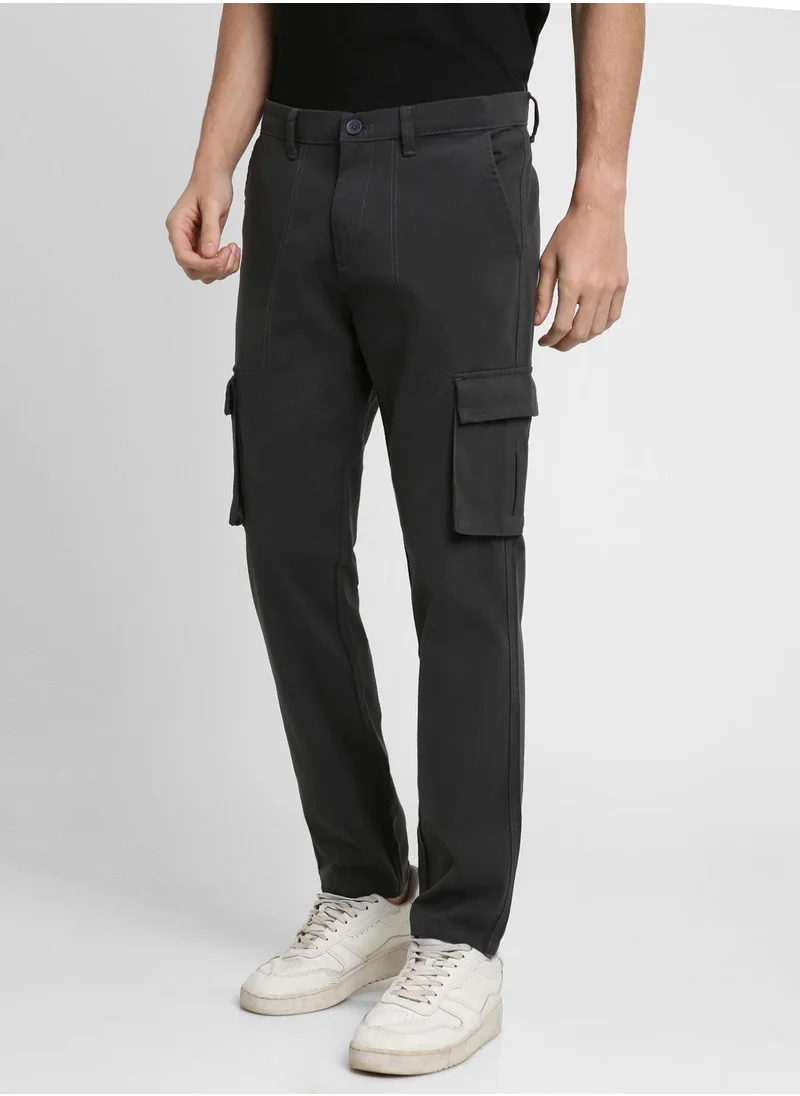 دينيس لينغو Charcoal Grey Slim Fit Solid Trouser for Men - Cotton Blend, Full Length, Button & Zip, Mid Rise, Casual