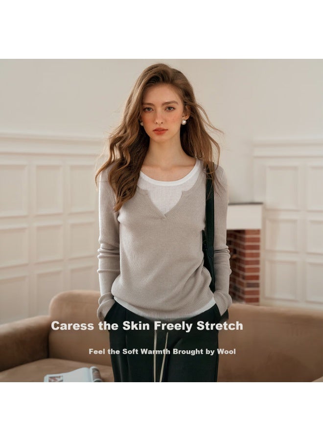 Olrain French Style Two-Piece Knitted Sweater Women Slim Thin Pullover Top Oatmeal Color M - Image 1