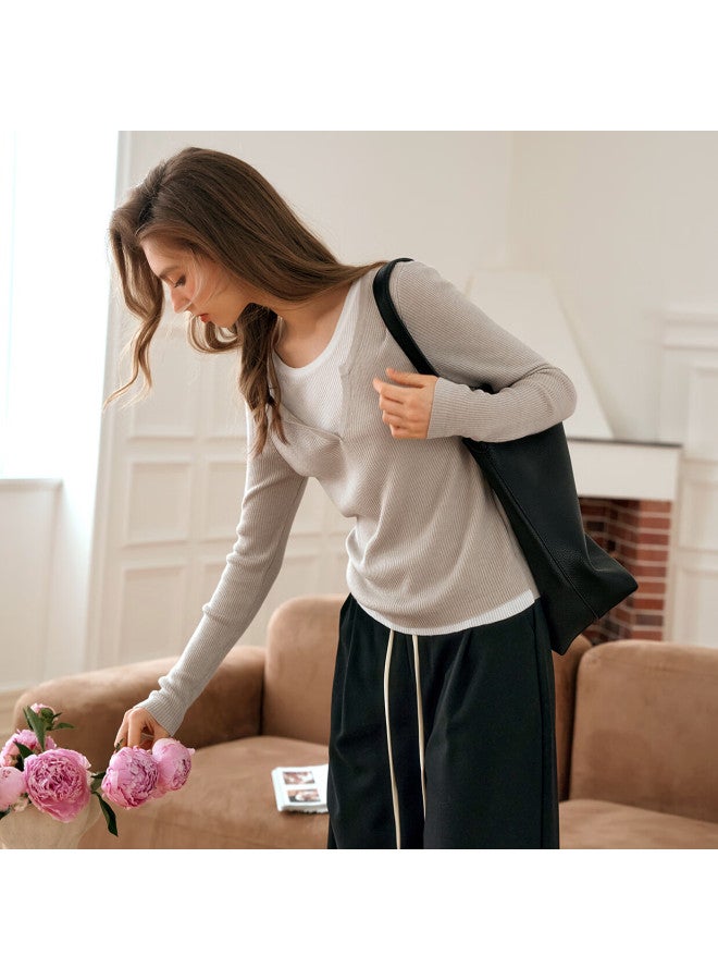 Olrain French Style Two-Piece Knitted Sweater Women Slim Thin Pullover Top Oatmeal Color M - Image 2