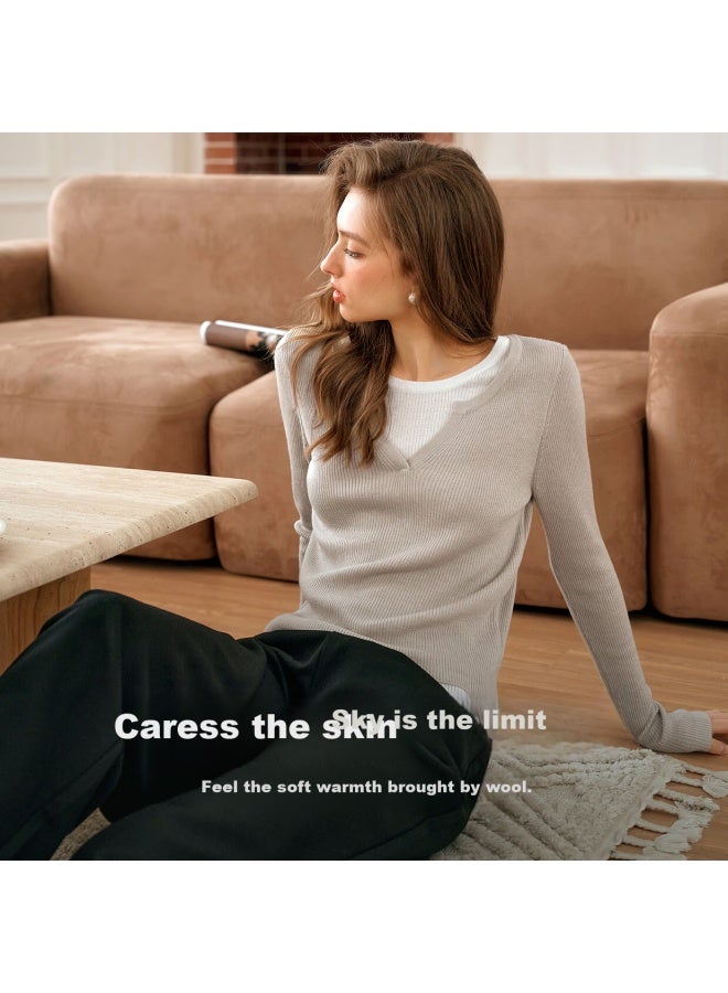 Olrain French Style Two-Piece Knitted Sweater Women Slim Thin Pullover Top Oatmeal Color M - Image 3