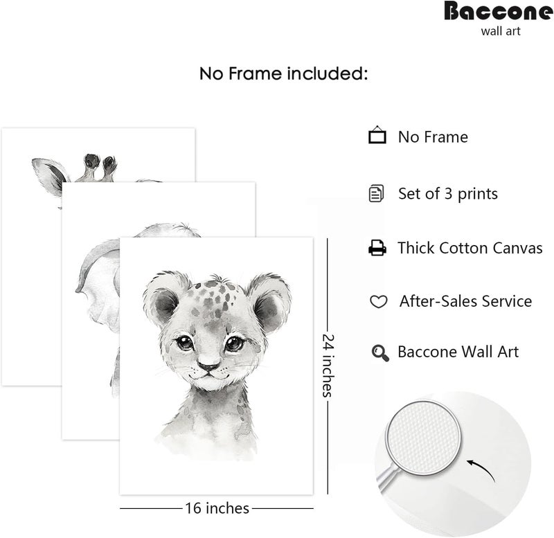 Baccone Safari Nursery Wall Art Decor Baby Animal Canvas Wall Art Baby Room Nursery Pictures Kids Artwork Safari Jungle Animal Prints Giraffe Elephant Tiger Painting Set of 3 for Bedroom 16x24 Inch Unframed - Image 2