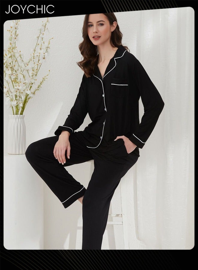 Joychic بيجامة نسائية مكونة من قطعتين كلاسيكية لفصلي الربيع والصيف والخريف مصنوعة من مودال صديقة للبشرة فضفاضة فستان نوم عارضة بأكمام طويلة وقبة قميص ملابس منزلية ملابس استرخاء سوداء - Image 2
