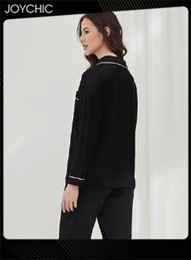 Joychic بيجامة نسائية مكونة من قطعتين كلاسيكية لفصلي الربيع والصيف والخريف مصنوعة من مودال صديقة للبشرة فضفاضة فستان نوم عارضة بأكمام طويلة وقبة قميص ملابس منزلية ملابس استرخاء سوداء - Image 3