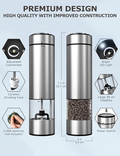 innhom Electric Salt Grinder Pepper Grinder Battery Operated Stainless Steel Pepper Mill Automatic Salt and Pepper Grinder with Adjustable Coarseness, 1 Pack - Image 2