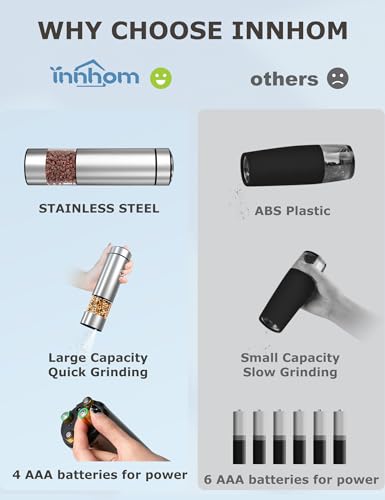 innhom Electric Salt Grinder Pepper Grinder Battery Operated Stainless Steel Pepper Mill Automatic Salt and Pepper Grinder with Adjustable Coarseness, 1 Pack - Image 5