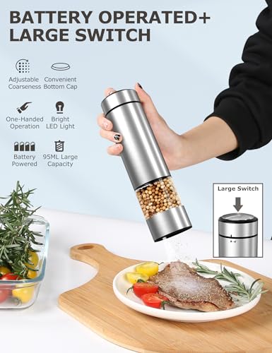 innhom Electric Salt Grinder Pepper Grinder Battery Operated Stainless Steel Pepper Mill Automatic Salt and Pepper Grinder with Adjustable Coarseness, 1 Pack - Image 3