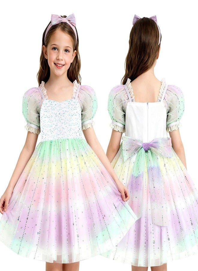 YALLET Flower Girls Dresses Sparkly Sequin Mermaid Dress Flowing Satin Puff Sleeve Kids Party Gown with Bow Hairpin 3-8 Years, Rainbow, 4-5 Years - Image 2