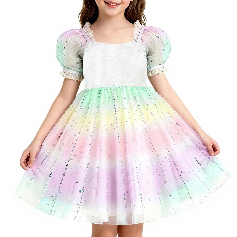 YALLET Flower Girls Dresses Sparkly Sequin Mermaid Dress Flowing Satin Puff Sleeve Kids Party Gown with Bow Hairpin 3-8 Years, Rainbow, 4-5 Years - Image 1