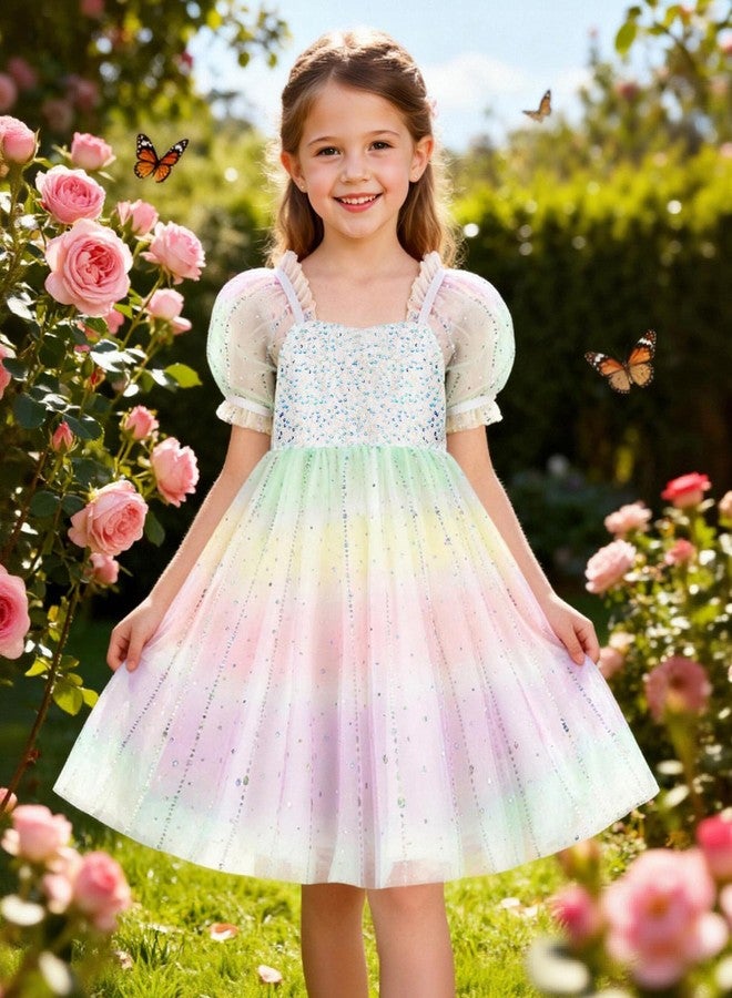 YALLET Flower Girls Dresses Sparkly Sequin Mermaid Dress Flowing Satin Puff Sleeve Kids Party Gown with Bow Hairpin 3-8 Years, Rainbow, 4-5 Years - Image 3