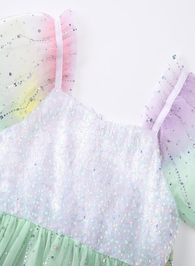 YALLET Flower Girls Dresses Sparkly Sequin Mermaid Dress Flowing Satin Puff Sleeve Kids Party Gown with Bow Hairpin 3-8 Years, Rainbow, 4-5 Years - Image 5