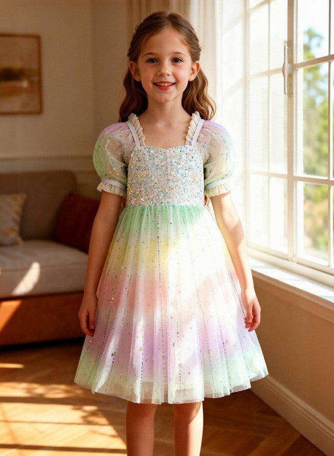 YALLET Flower Girls Dresses Sparkly Sequin Mermaid Dress Flowing Satin Puff Sleeve Kids Party Gown with Bow Hairpin 3-8 Years, Rainbow, 4-5 Years - Image 4