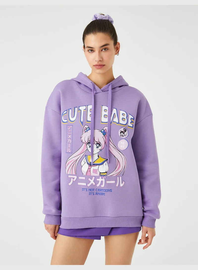 KOTON Printed Oversized Long Sleeve Anime Hoodie