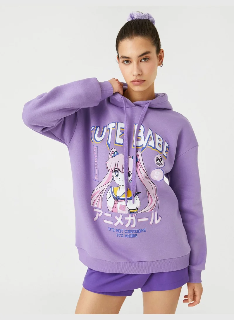 KOTON Printed Oversized Long Sleeve Anime Hoodie