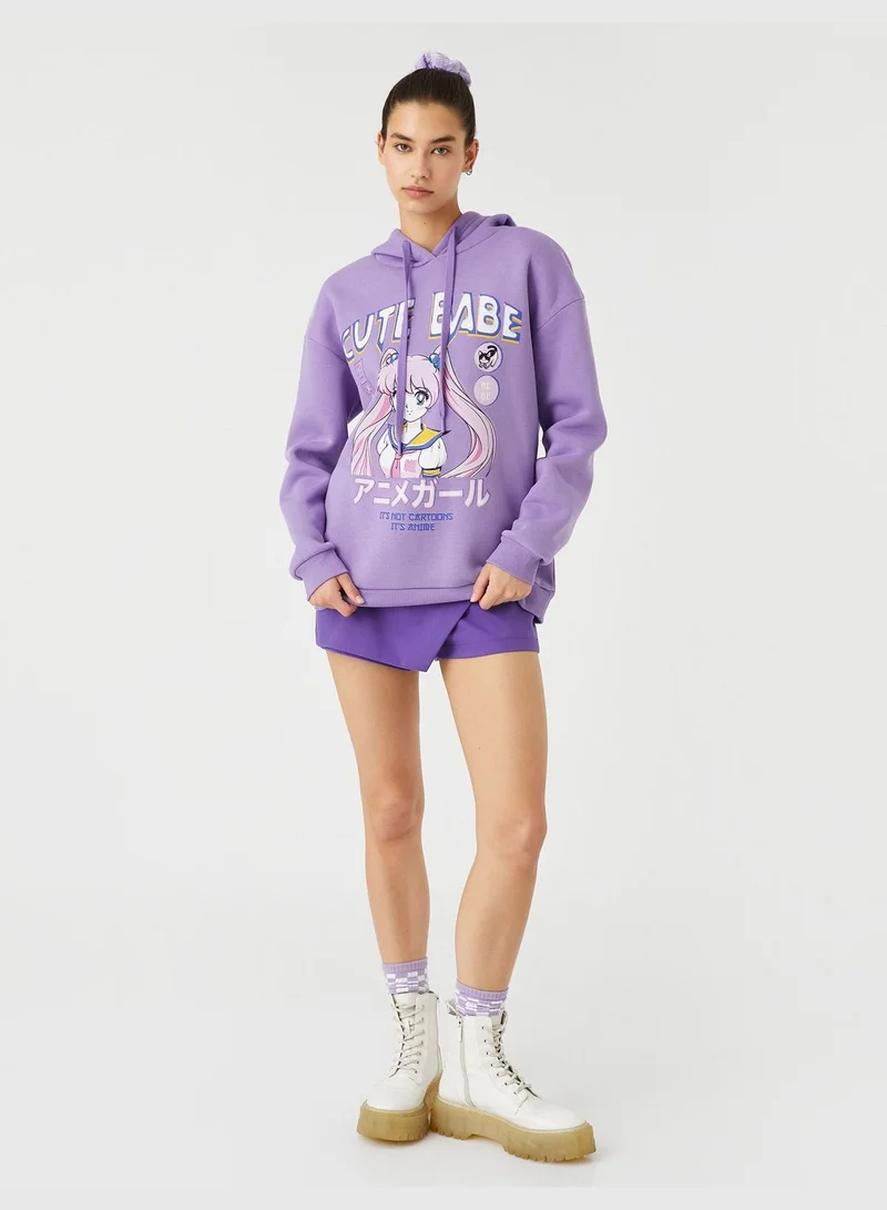 KOTON Printed Oversized Long Sleeve Anime Hoodie