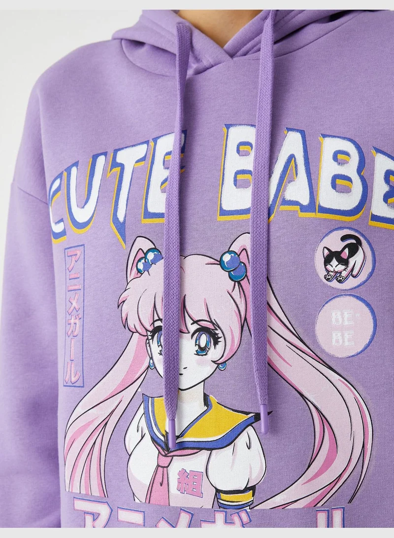 KOTON Printed Oversized Long Sleeve Anime Hoodie