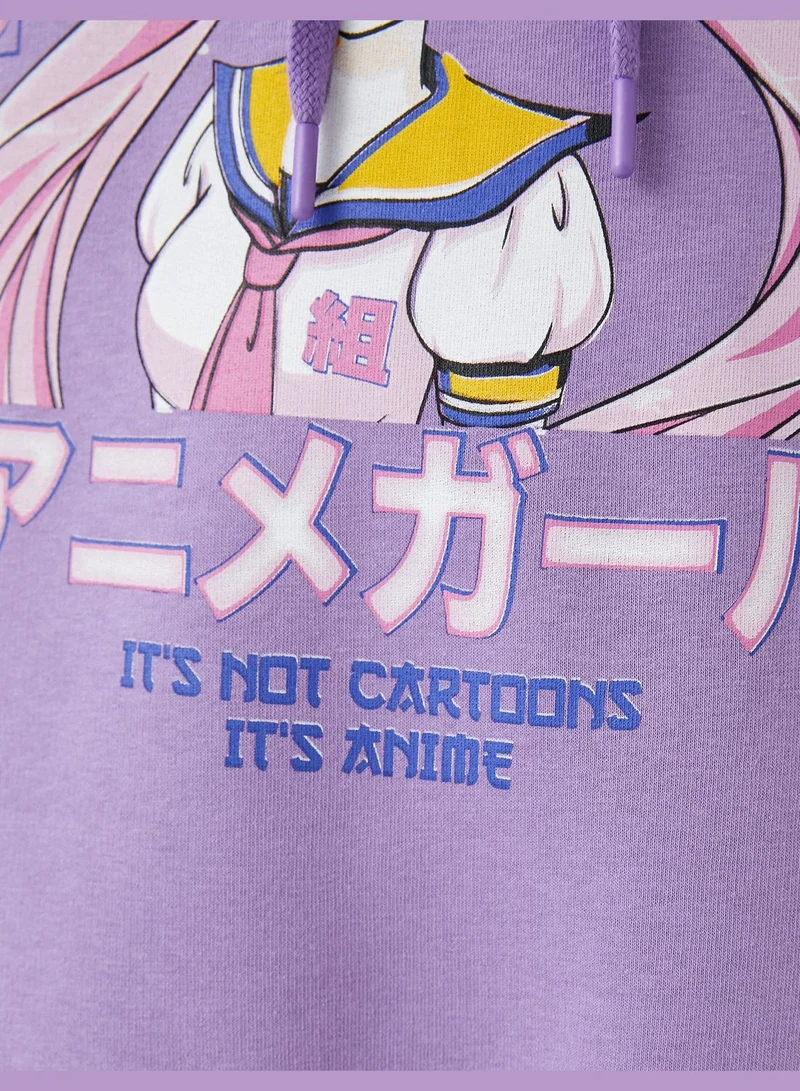 KOTON Printed Oversized Long Sleeve Anime Hoodie